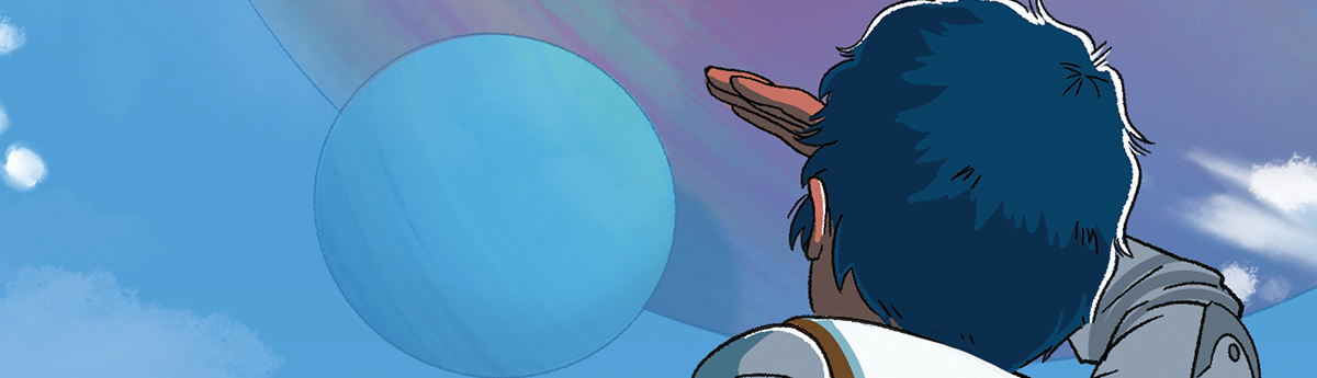 Person looking up at a moon around a planet.