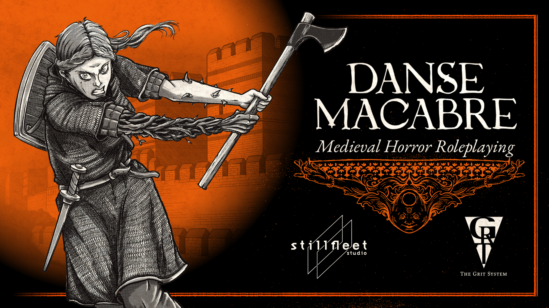 Key art by Christopher Pickett showing a mutant Pilgrim whose limbs are turning into branches swinging an axe. The logos of Danse Macabre: Medieval Horror Roleplaying, the Stillfleet Studio, and the Grit System appear at right.