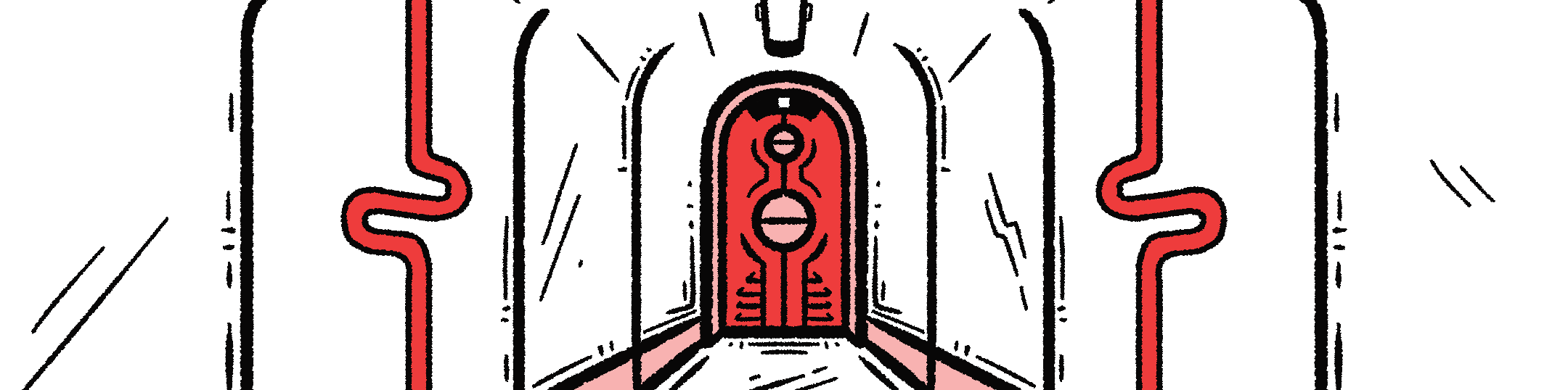 A pristine white hallway with a curved ceiling. At its end is a red door, locked by a futuristic mechanism. On each side of the wall is a bright red, snaking, logo.