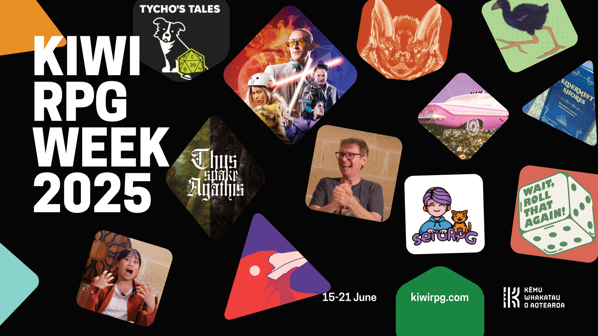 Image is a collage of covers in shapes resembling polyhedral dice. Text reads: KiwiRPG week 2025, 15-21 June, kiwirpg.com. 