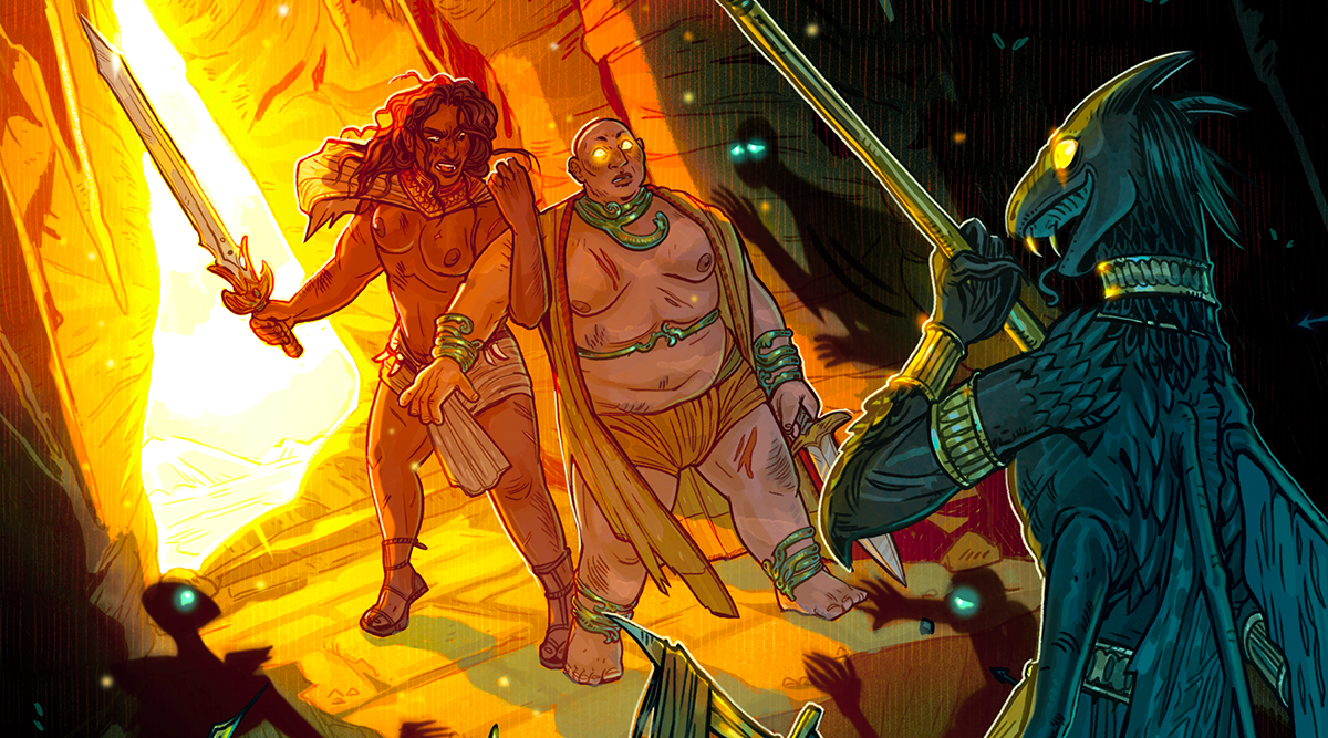 A swordfighter tries to pull her hypnotized friend out of the Underworld, besieged by shades and demons.
