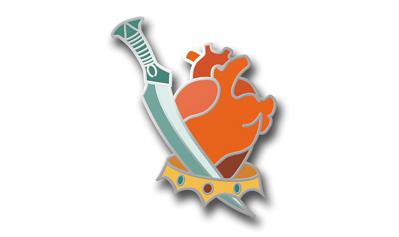 mockup of hard-enamel pin design showing an anatomical heart, a sword, and an overturned crown