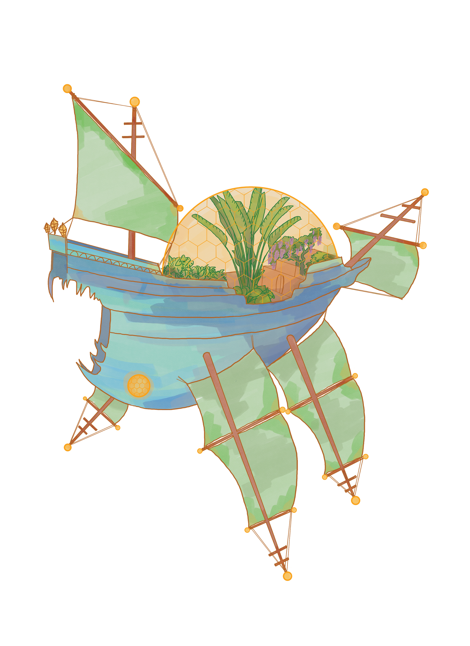 A zoomorphic space ship reminiscent of a fish with a gaping jaw. Its overall design is based on an 18th century tall ship, and it has a protected dome filled with plants visible on the deck.