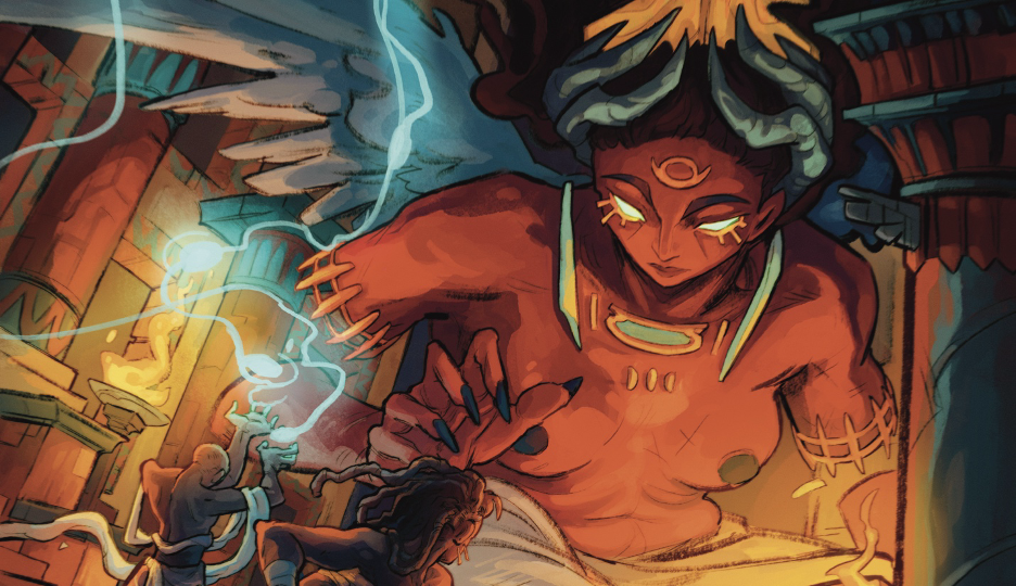 A giant, winged goddess in a temple stares down at two adventurers.