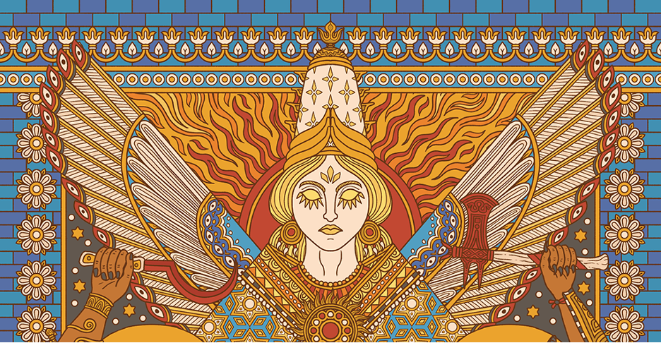 Illustration of a blank-eyed, pitiless sun goddess