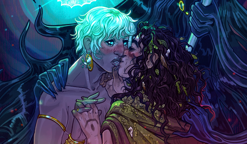 The Wolfling leans in for a kiss with the wide-eyed Vessel, under the glare of the Vessel's immortal patron