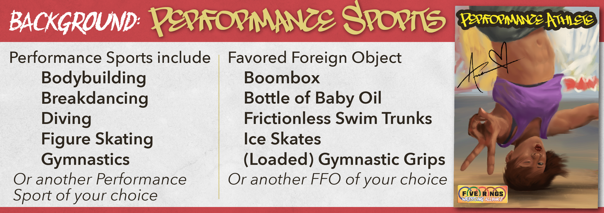 Promo image for Performance Sports Athletic Background including trading card-style artwork of a breakdancing pro wrestler