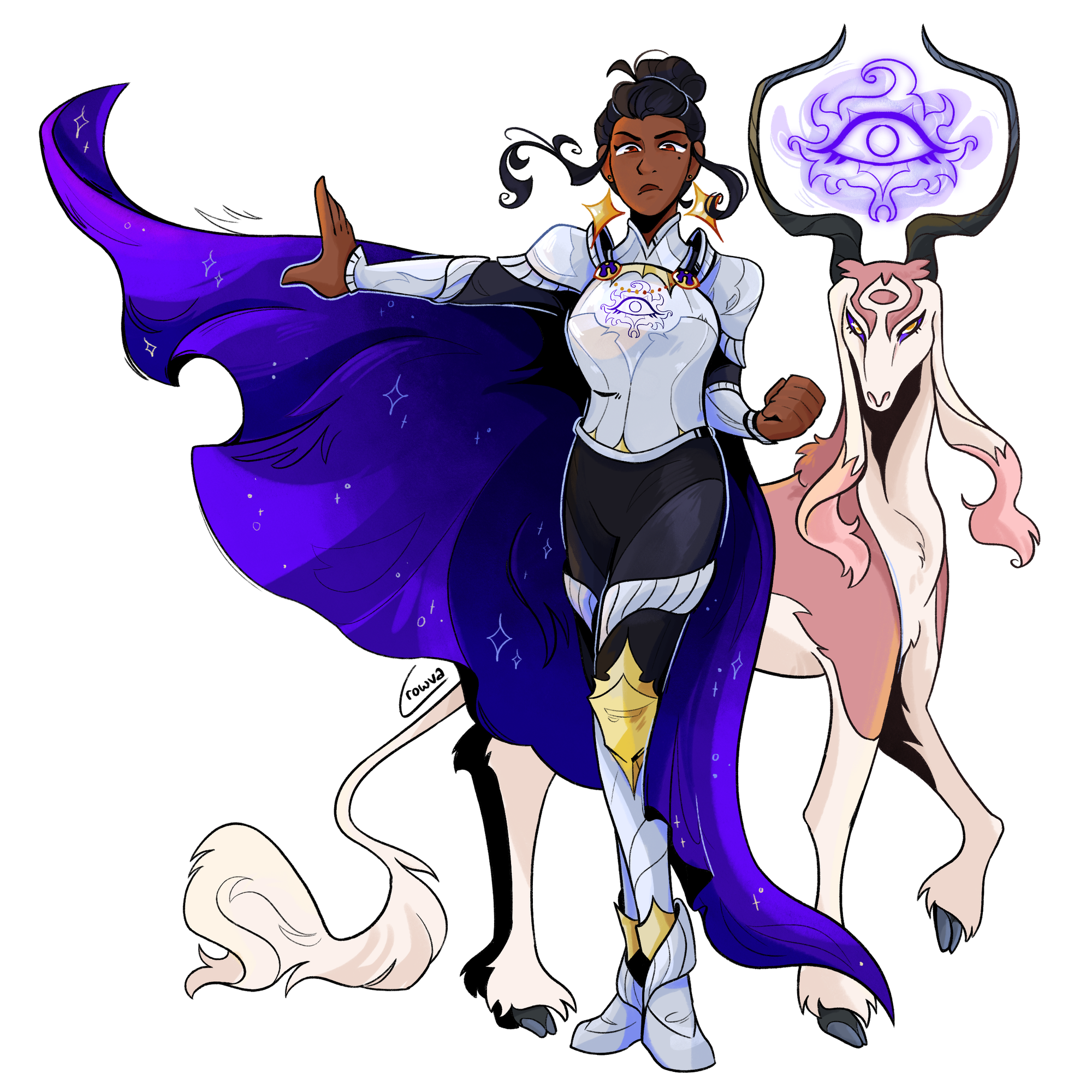 A woman in silver armor and a purple cape stands defiantly in front of her companion, a gazelle with a glowing, ethereal eye between its horns.