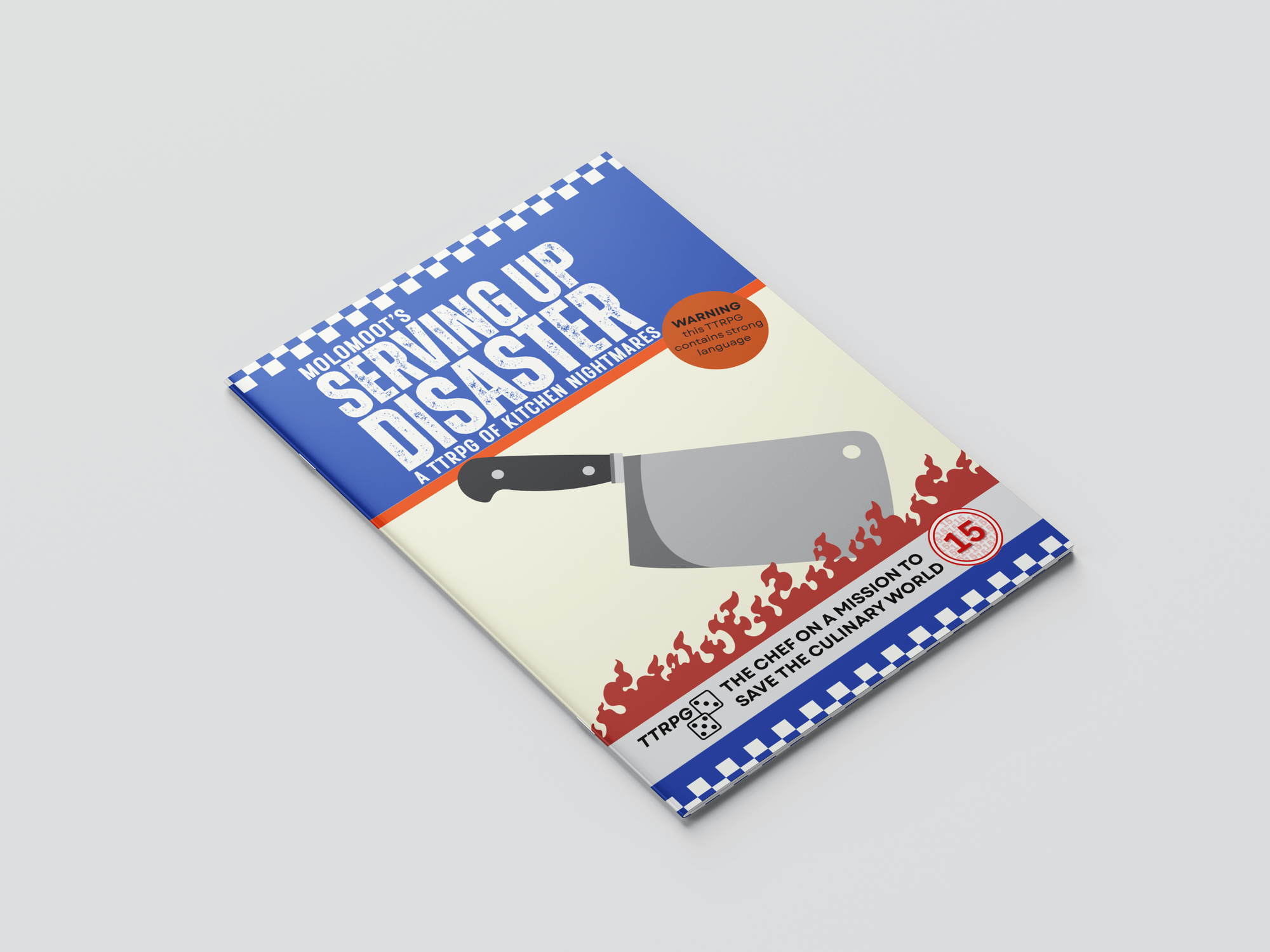 front cover mockup of Serving Up Disaster featuring an illustrated chef cleaver in flames