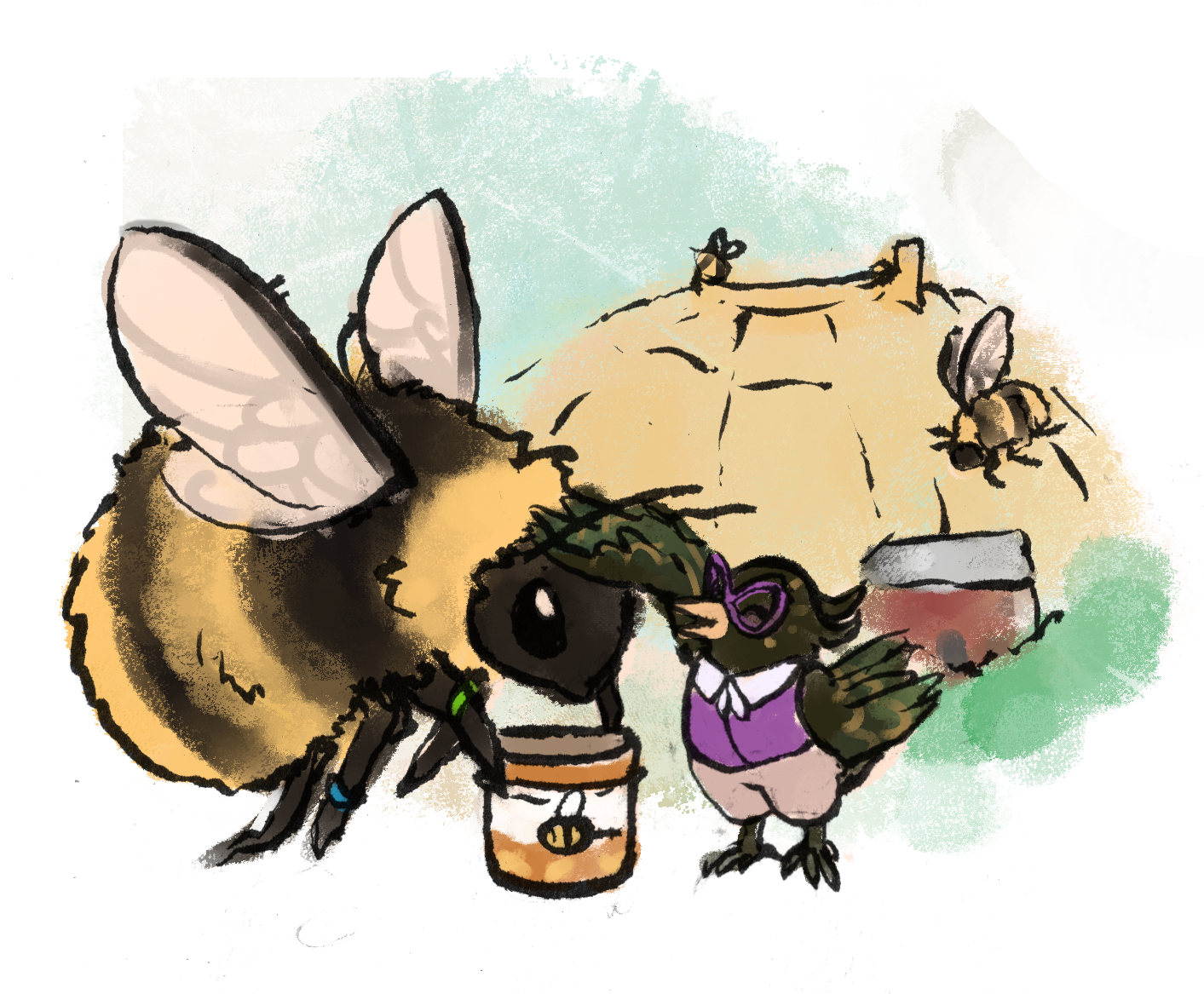 A starling (bird) in a purple vest pets her bumblebee assistant, who carries a jar of honey.