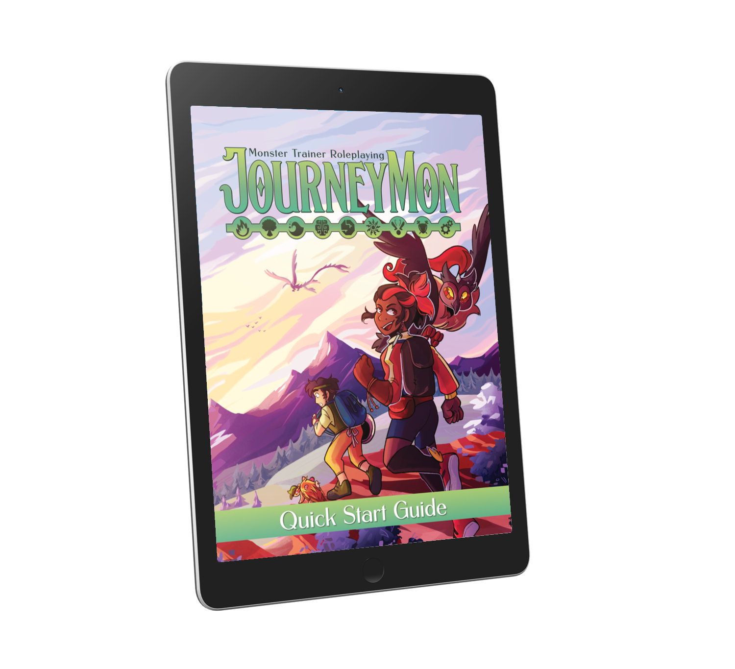 A tablet computer with the cover image of the JourneyMon Quick Start guide, depicting two people and their monster companions hiking in a mountainous terrain at sunset.