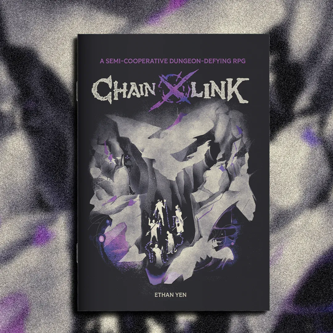 Cover of Chainlink featuring five prisoners exploring a cavern. The rocks are in the vague shape of a dragon above them. In the foreground are various enemies looking on.