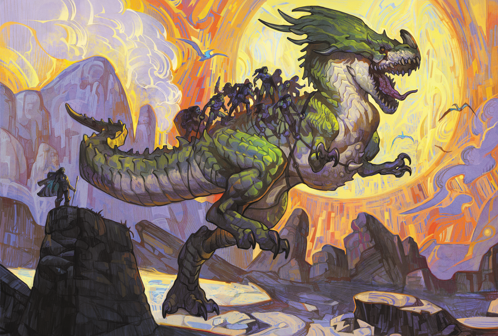 "A dozen armored orcs ride across a rocky landscape on the back of an enormous T-rex-like creature. This piece is in a colorful, Fauvist art style. Silhouetted by a yellow sun, purple clouds and mountains, and a bird-filled sky, a green, scaly creature with a horned snout, sharp teeth, and a spiked headplate roars. They have two short arms and walk on two large, clawed legs. An alligator-like tail curves behind them, close to a cloaked orc less than one tenth the creature's height, standing on a tall rock and holding a staff. On the styrax's spiked back, holding tight to a web of straps, a dozen armored green orcs, some with weapons drawn, catch a ride across a series of rocks."