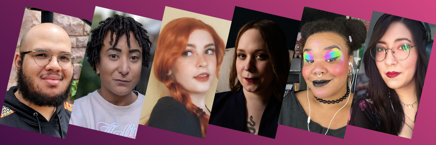Line up of six cast headshots. From left to right: Logan, Bee, Kit, Anna Maeve, Candace, and Taylor.