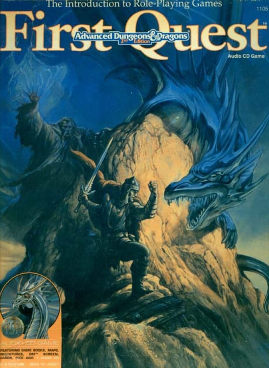 A photo or scan of the First Quest box. "Advanced Dungeons & Dragons 2nd Edition" is superimposed over the First Quest text. The text at the top of the box reads "The Introduction to Role-Playing Games." In the bottom left is a boxout featuring a dragon's head and TSR logo with a CD as a backdrop. The text reads "Audio CD Game" and then goes on to list the contents, which is blurry in this image.