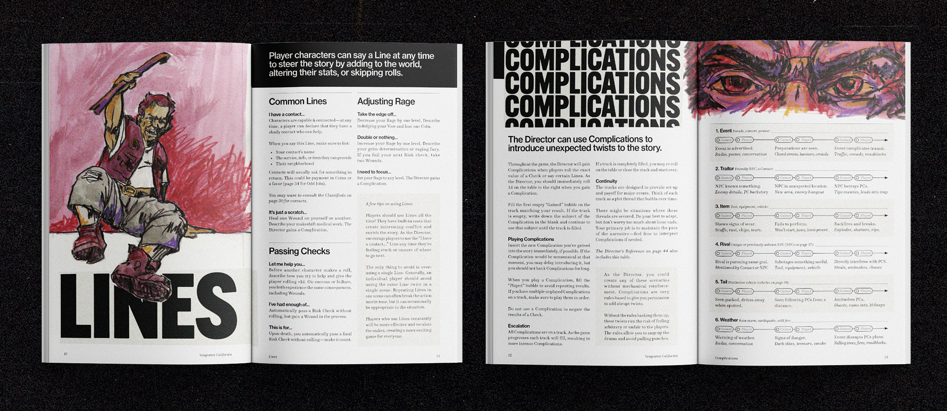 Two open books showing the "Lines" and "Complications" spreads.