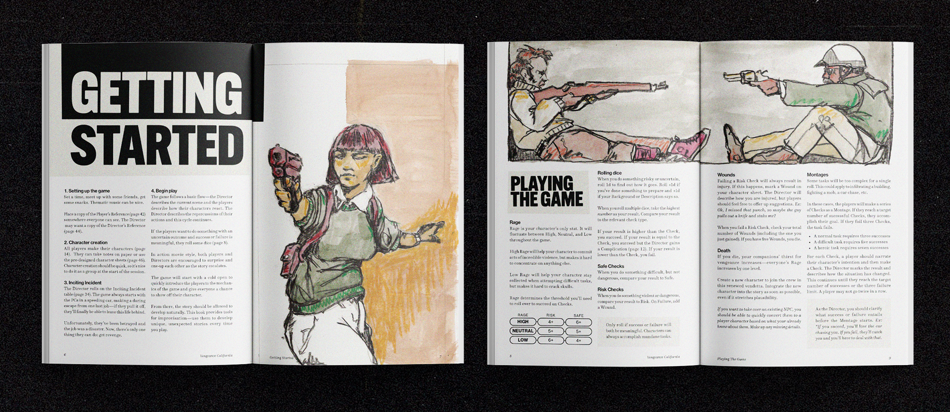 Two open books showing the "Getting Started" and "Playing the game" spreads.