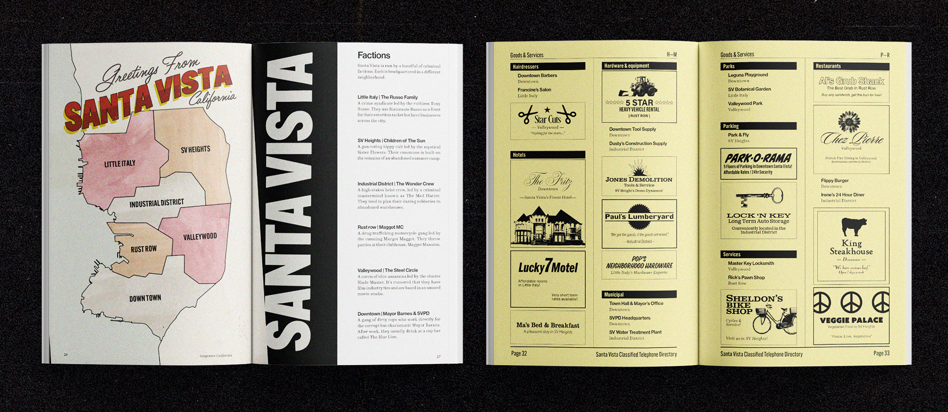 Two open books showing the "Map & Factions" and "Phonebook" spreads.