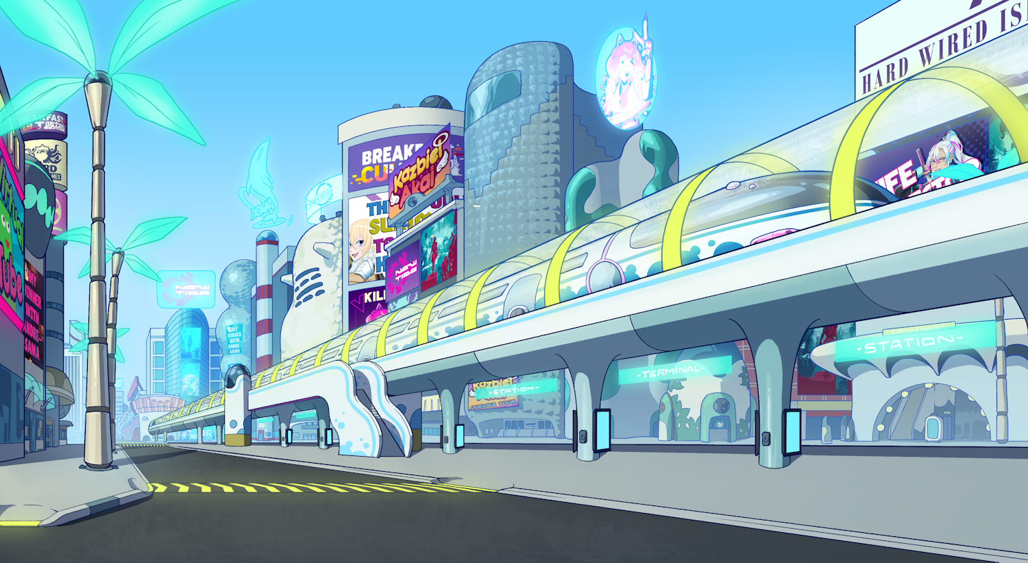 A futuristic sunny city with a monorail, cyber-palm trees with holo-leaves, Y2K-esque blobitecture buildings, & advertising billboards