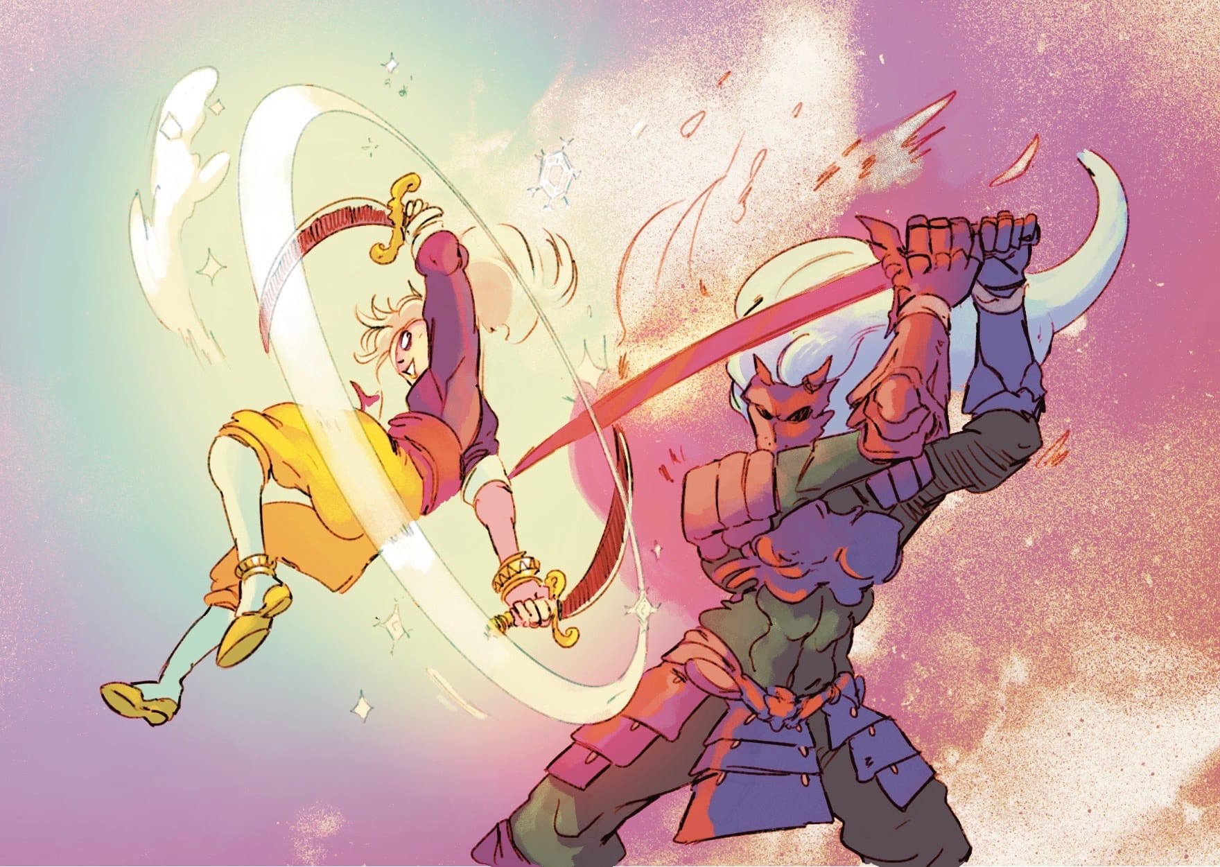Artwork for Cosmic Century Knights depicting a sword fight between two opponents.