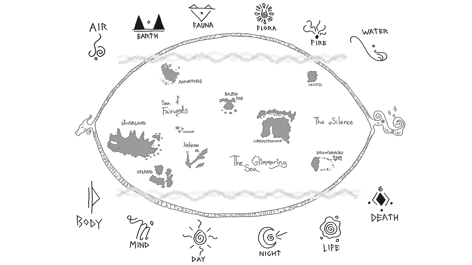 A map of the world of Jor encircled by runes representing the 12 Great Domains