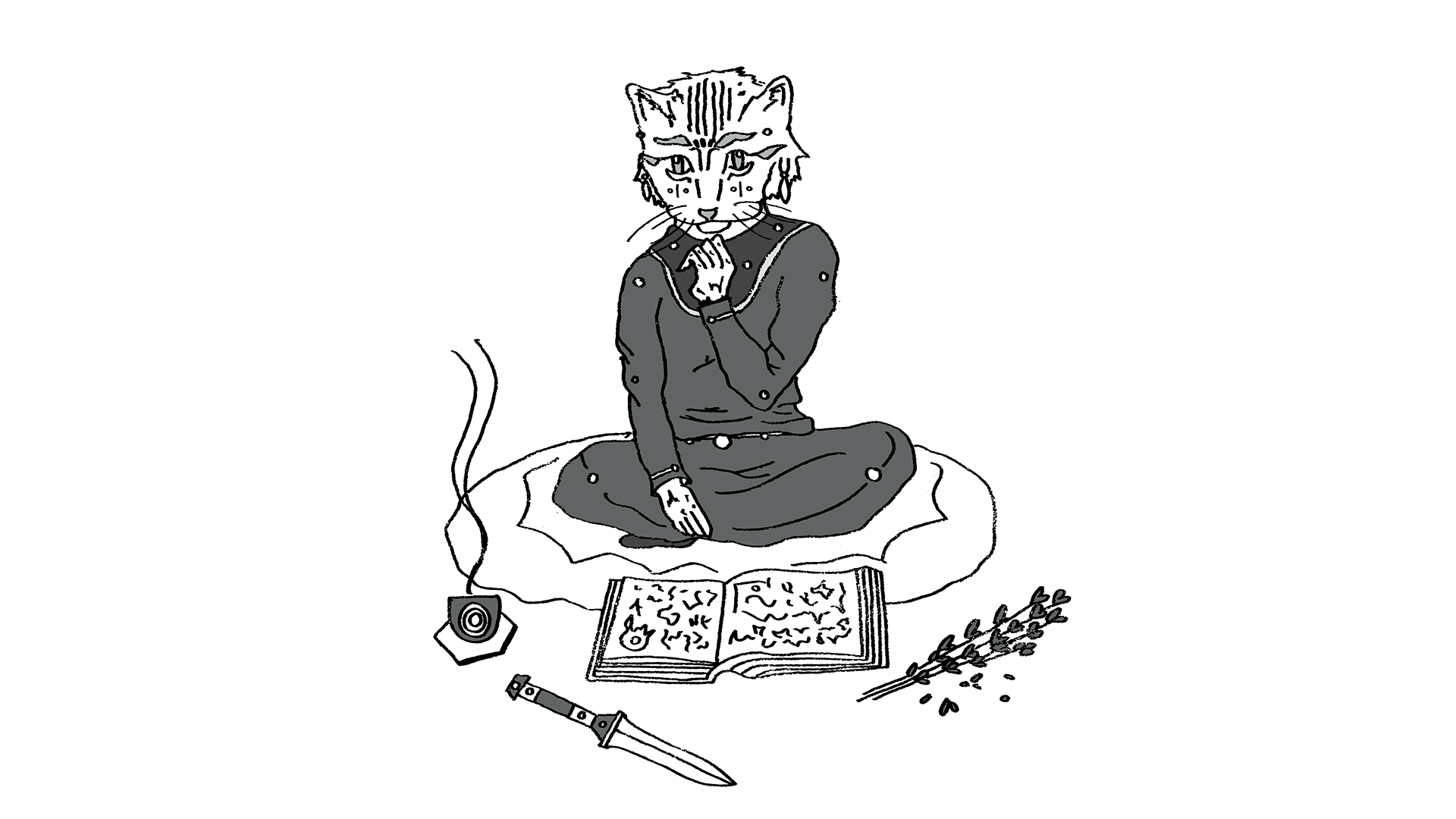 A cat person, a Njketi, sits pondering a magical tome. Around them rests a steaming tea cup, a long knife, and a bushel of violet 