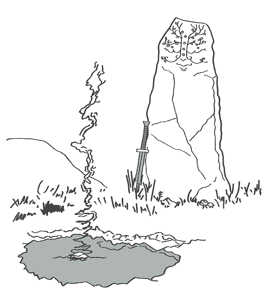 A tall stone with a pleasantly sleeping face stands over a grassy clearing. A sword rests against the stone and a pond sits in front of it. 