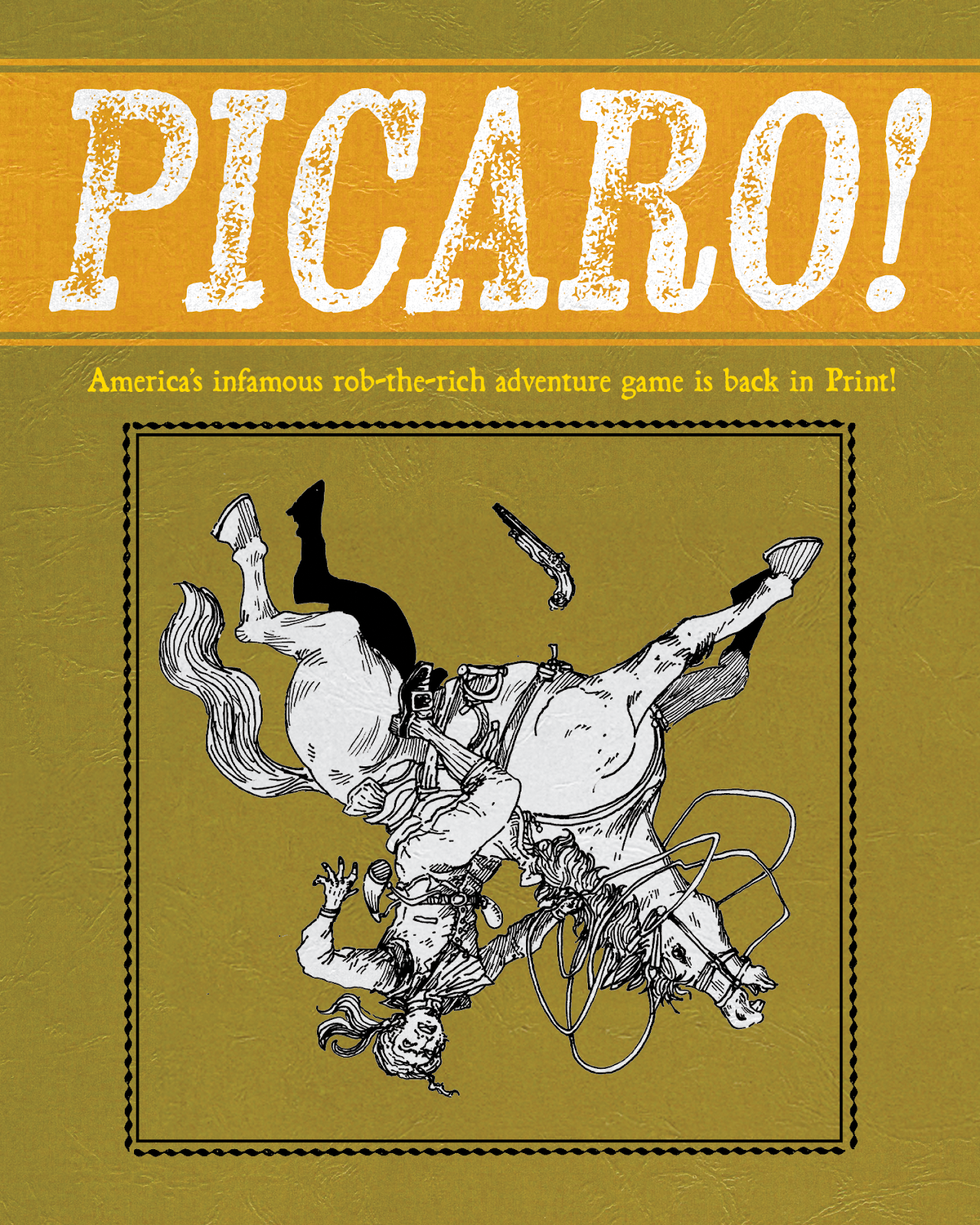 An eighteenth-century rider atop a fine horse falls, as both are turned completely upside down. The title of the book—"PICARO!"—appears in screaming orange against the textured green background.