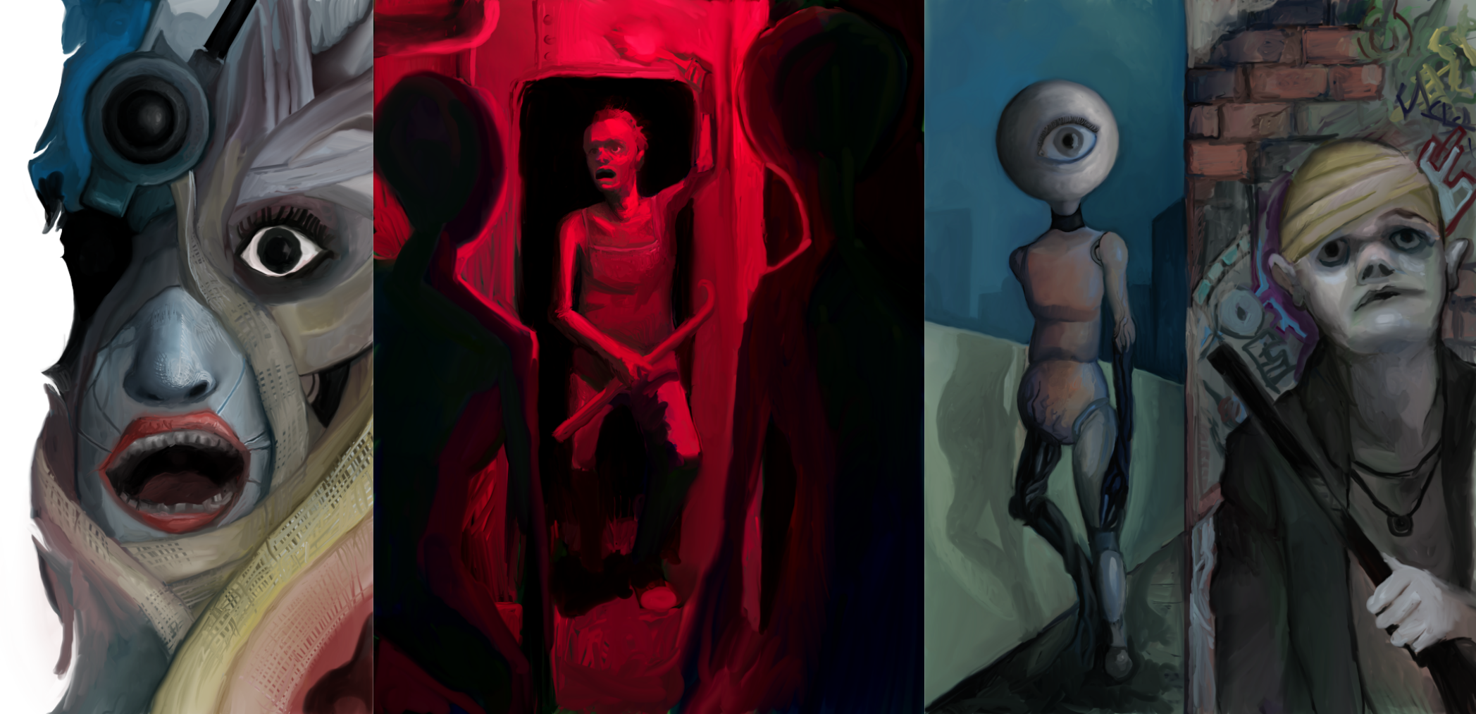 Three images side by side: an awkwardly proportioned human face with a mechanical third eye screaming from within a tangle of gauze bandages. A wiry man in a tanktop wielding a burning flare and a crowbar is confronted by two dark, spindly figure in a cramped, industrial space, illuminated bright red. A desperate, pale figure with yellowed bandages on its head is pressed against a graffiti covered brick wall, staring sadly ahead as a tall, vaguely humanoid figure with a spherical head and one massive eye is casually rounding the corner.
