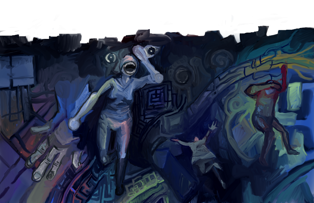 A surreal painting depicting a top down view of three distorted humanoid figures plummeting and dissolving into a swirling mass of geometric and organic forms and patterns.