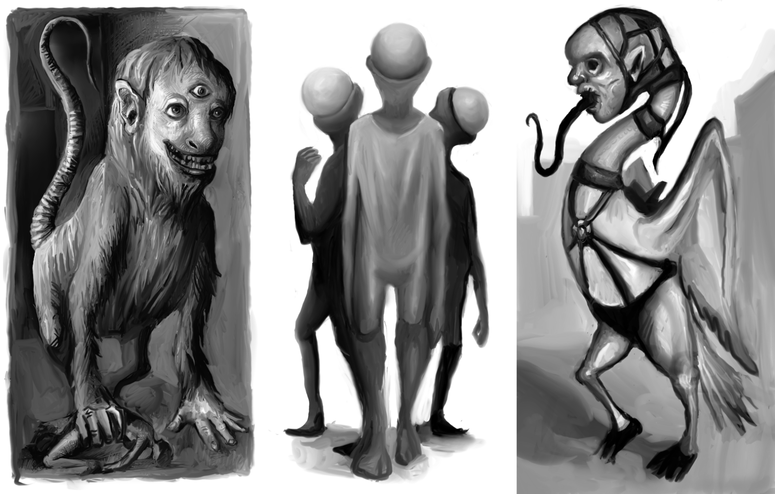 Three black and white monster / bestiary illustrations side by side. A massive, hairy, vaguely simian quadrupedal being with a cruel, hungry grin, three eyes, and an erect rat-like tail grips a crushed human body in its right hand. A trio of humanoid entities in loose, one-piece outfits and sporting fleshy cavities filled with something akin to large, imperfect pearls where a human's neck and head would be. A winged monstrosity with a long, dark tongue, twisting, serpentine neck, and a very human face is apparently saddled up for a rider (or is, perhaps, simply into the leather lifestyle). 