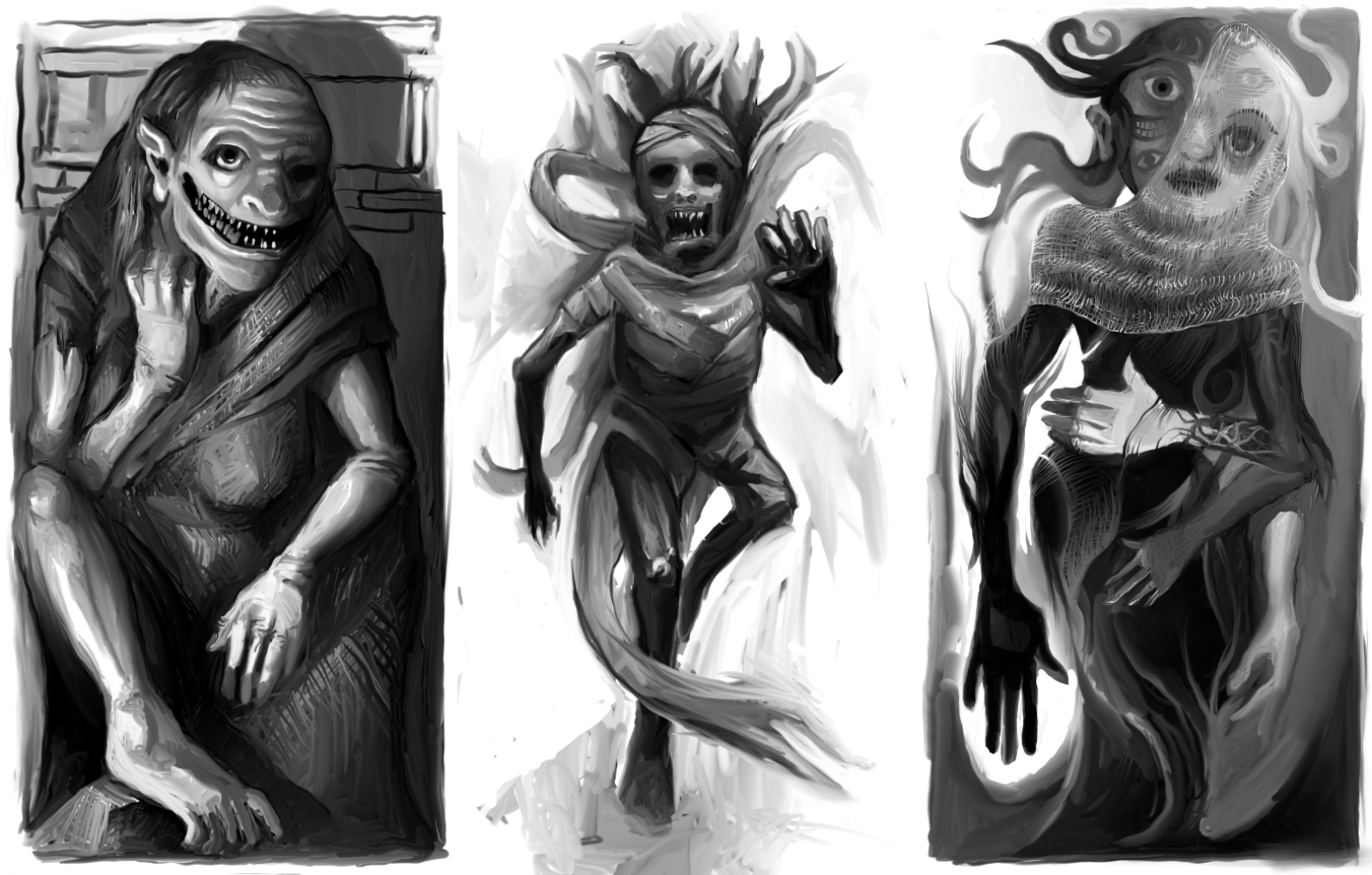 Three black-and-white monster / enemy illustrations side by side: A grinning Baba Yaga figure lounging in a firelit space. A partially decomposed undead humanoid lunging forward surrounded by billowing bandages or rags. A multi-limbed, many-eyed, wispy, possibly intangible, likely spectral figure sporting a sheer veil and a lot of smoky tendrils.