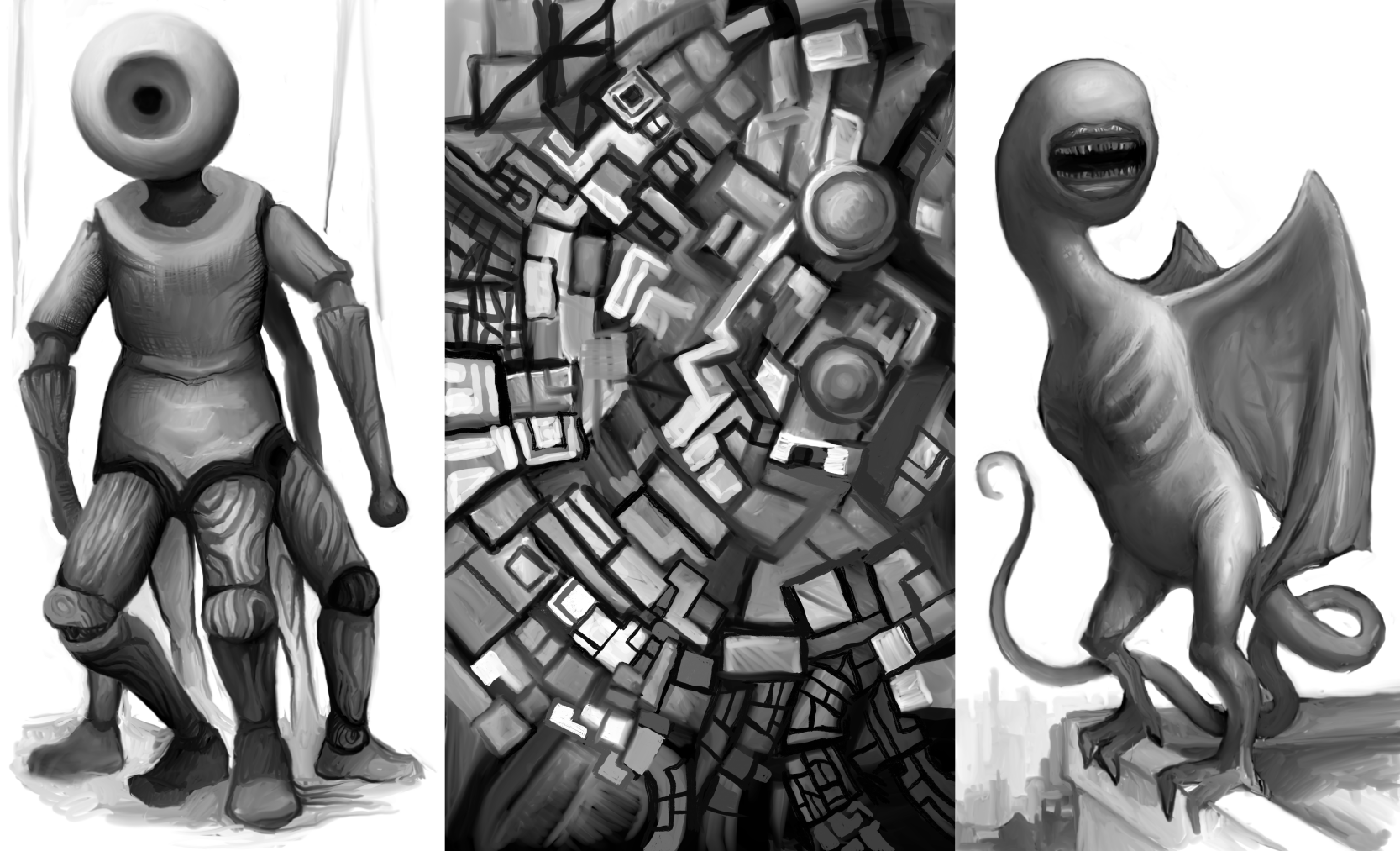 Three black-and-white illustrations side by side: A many-limbed wooden marionetter, with a spherical head with an empty hole in it.  An loose rendering of an imagined city scape seen from above. A monstrous, vaguely draconic creature with leathery wings, long twisted tail, and an eyeless head characterized by a round, angry maw, is perched on top of a city building. 