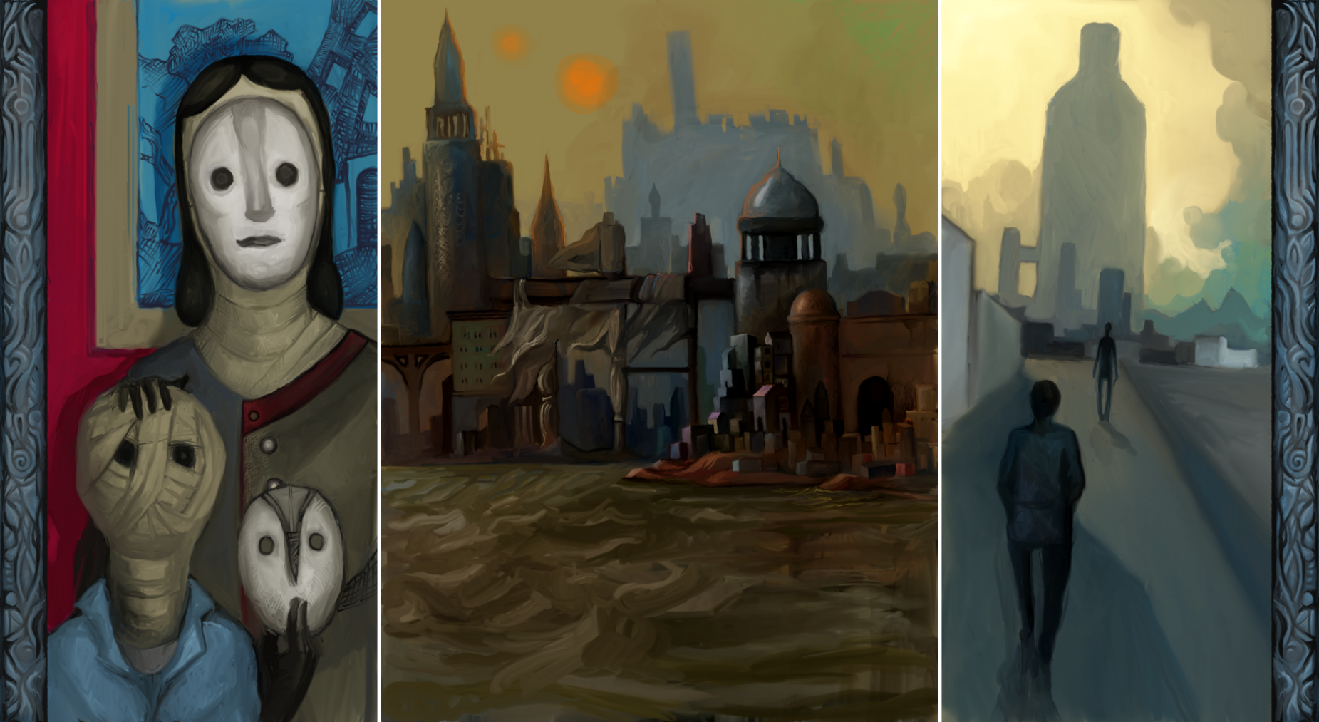 Three images side by side: family style portrait of two masked, bandaged figures, one much taller than the other, with the smaller figure holding their mask in one hand. An alien cityscape with murky water and two suns. A tilted street scene in which a man walks down a sidewalk towards a tall, dark, humanoid figure; in the further distance, a massive tower looms.