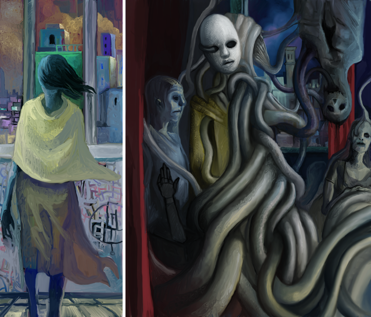Two paintings side by side: a narrow composition featuring an eerily proportioned humanoid figure with dark hair, light yellow shawl, and tan skirt blowing in the wind, framed by a sliver of tiled floor, a graffiti covered wall, and window overlooking a twilit cityscape. A mass of fleshy, pale tendrils of various sizes feeding through suction on three human corpses at varying stages of decomposition, seemingly encased in some combination of web and slime. 