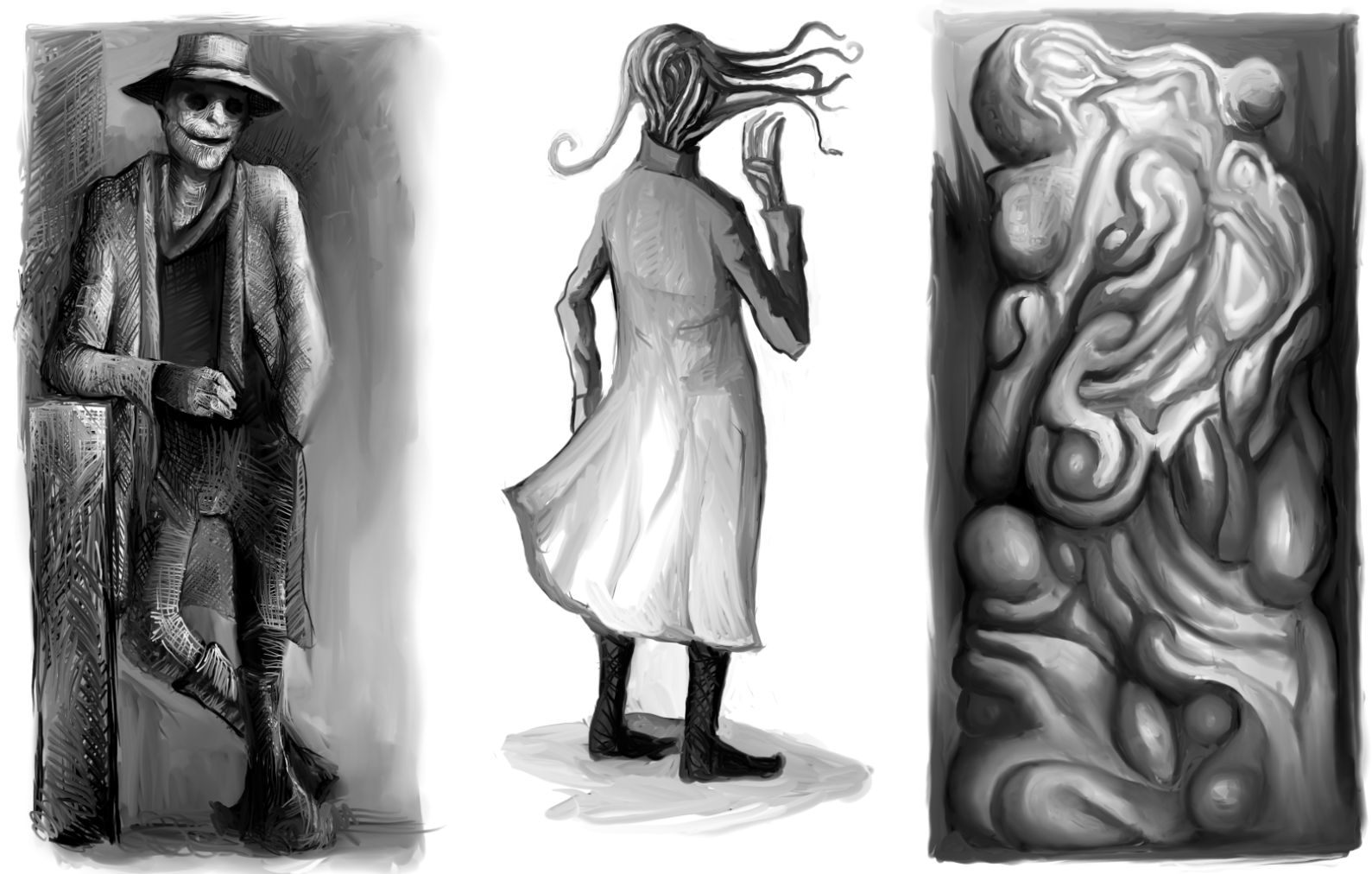 Three black-and-white monster / enemy illustrations side by side: a dapper guy-about-town in slighly rumpled but fashionable clothing leaning casually on a conveniently placed pillar, except he's basically a dessicated lich. A striking figure in a trenchcoat with a mass of tendrils instead of a head and hands. A blobus, a large, amorphous, blobby, fleshy thing.