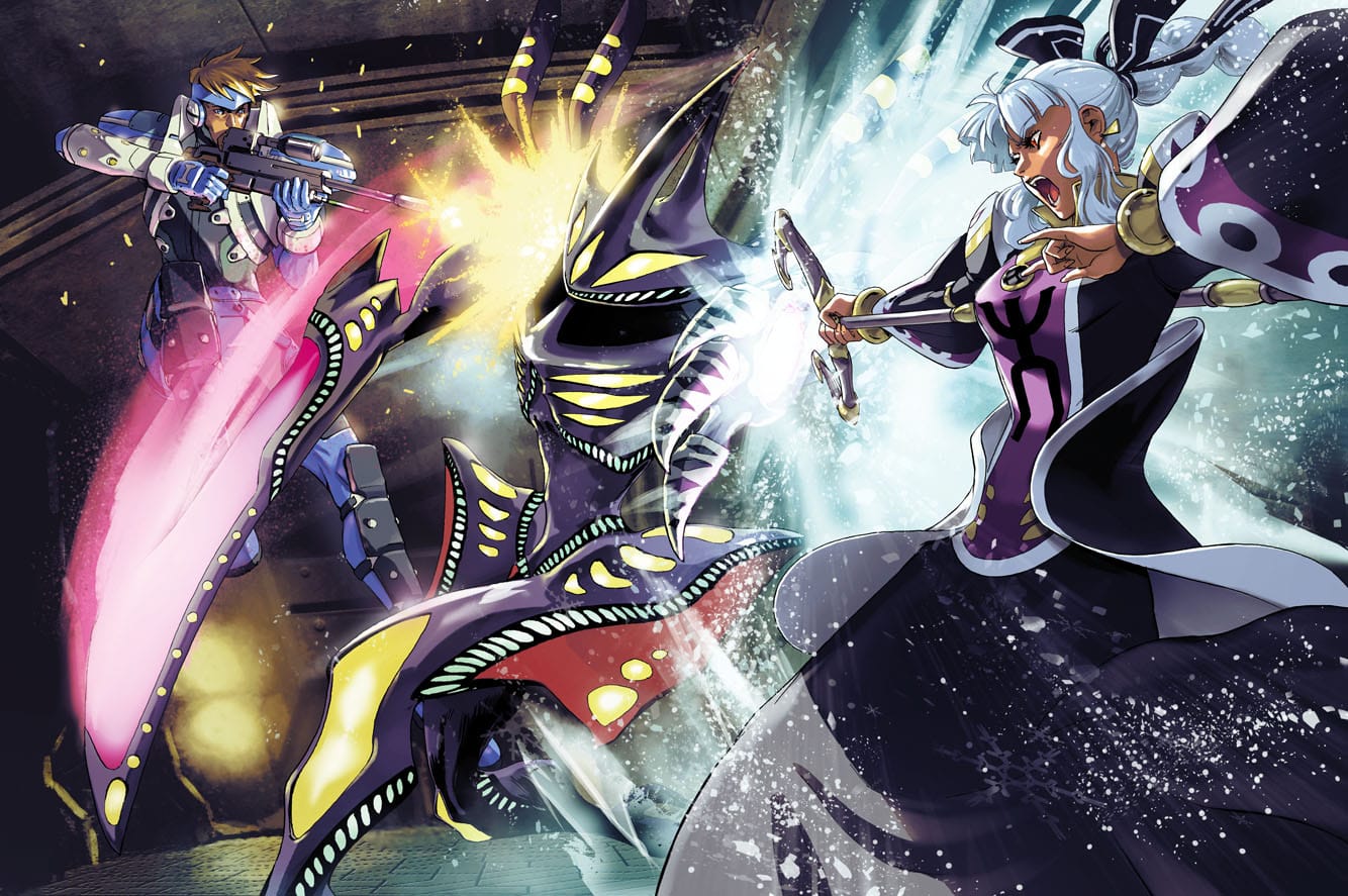 A ranger and force battle against a delsaber.