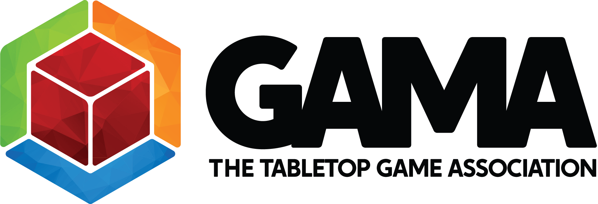 Four-colored cube reading "GAMA: The Tabletop Game Association" in black letters.