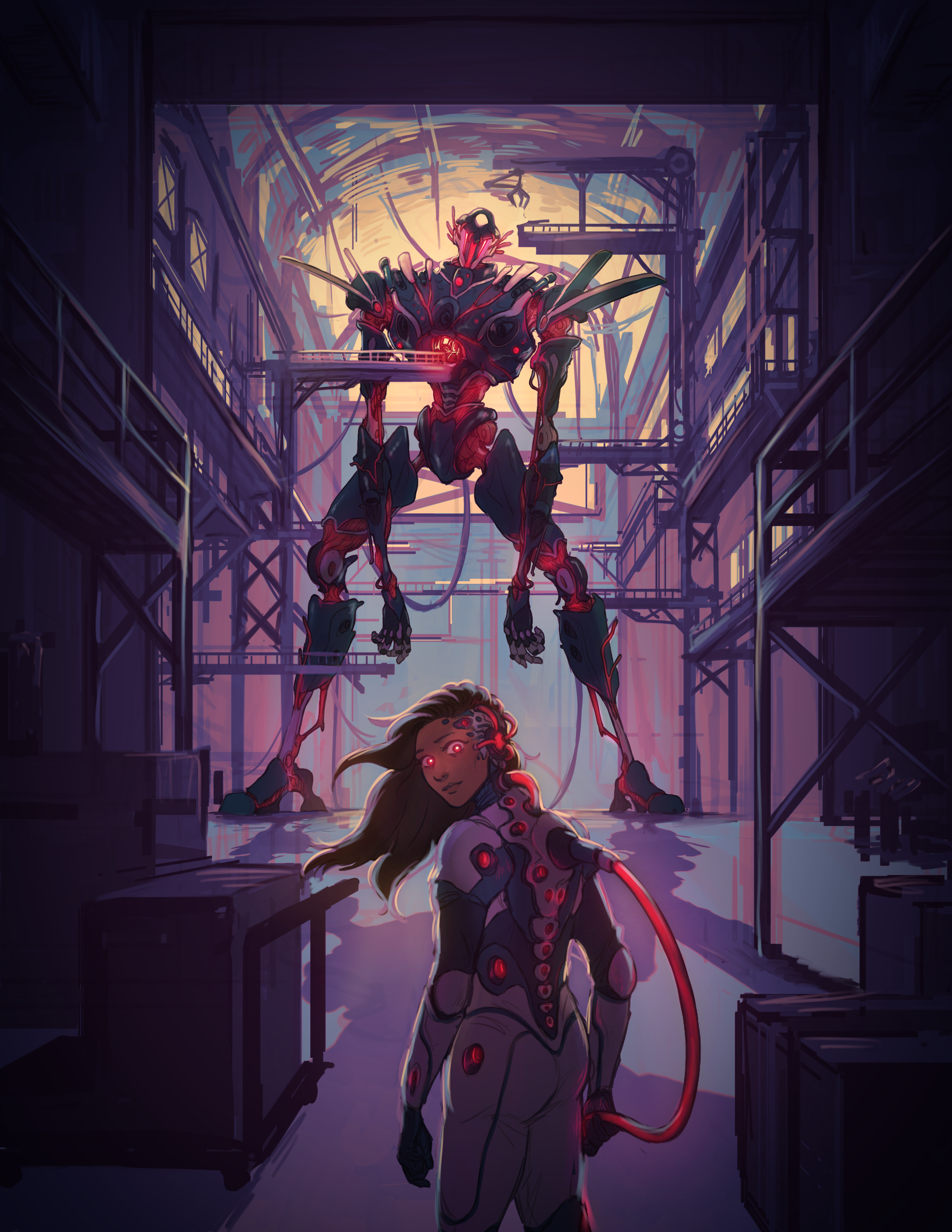 A girl in a pilot suit with various wires and tubes pumping red liquid into her body stands looking back towards the viewer. Looming over her is a mech made of meat and metal