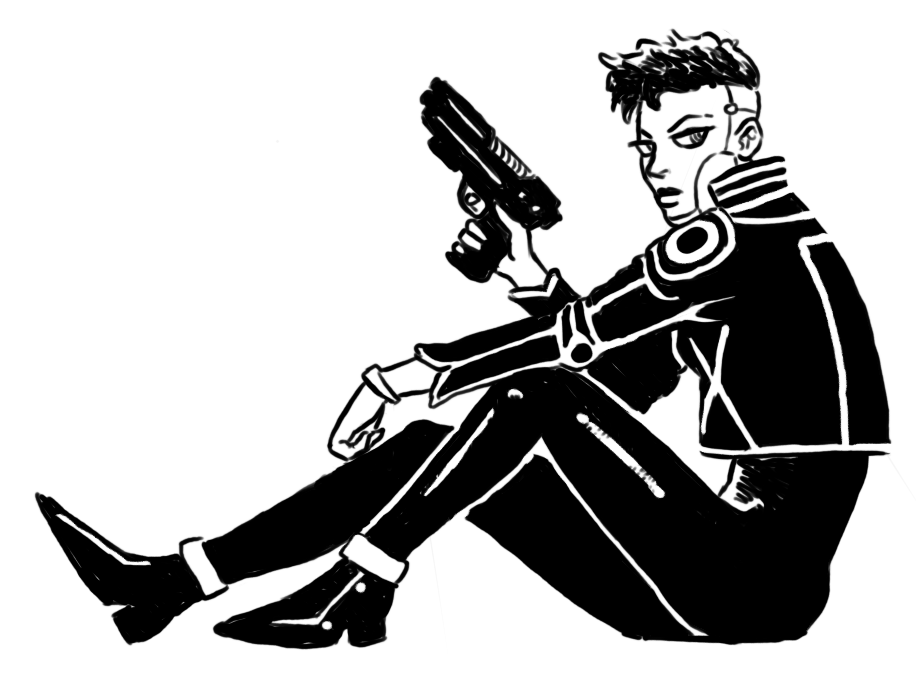 Stylized black-and-white art of Miranda from Certain Fathoms. She sits with a cool defiance, pistol in hand, cropped hair and cybernetic implants glinting as she turns to face the viewer. Her sharp jacket, accented with bold geometric lines, marks her as both dangerous and otherworldly—an AI sleeved in human skin.