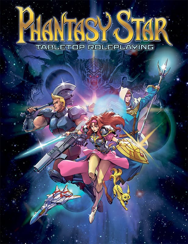 Book cover featuring Alis, Odin, Myau, Lutz, and Dark Falz