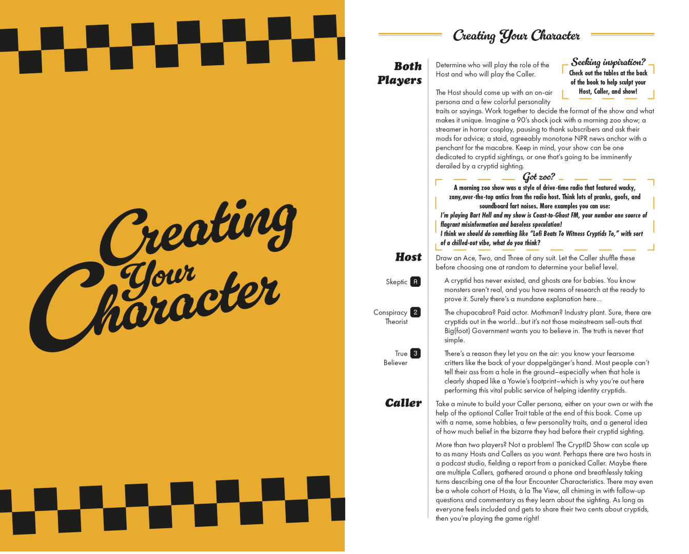 A spread from the game, depicting the text "Creating Your Character" next to the instructions for how the Host and Caller should come up with their personas.