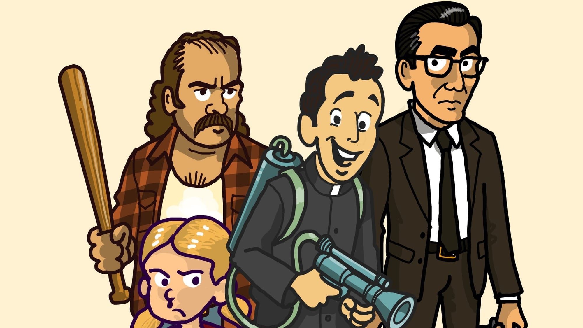 Illustration of characters from Welcome To Hole. A man with a drooping moustache wielding a bat. A small girl scowling. A smiling priest with a flamethrower. An unsmiling man in a grey suit.