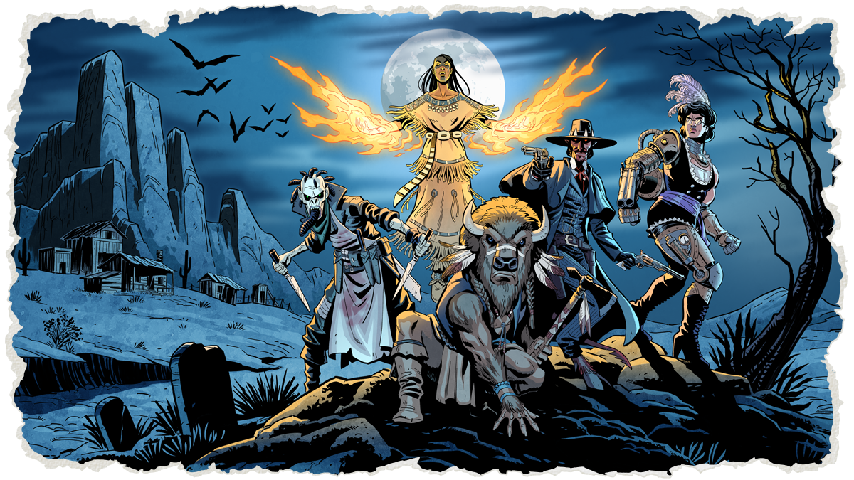 An outfit of Mavericks. From left to right: A man with ghoulish skin, a leech for a tongue, and leeches for hair is wielding two long knives and wearing a bloody butcher's apron. An Indigenous woman wears buckskin with fringe that lifts up as she levitates- fire emanates from both arms. A minotaur-like man kneels in front holding a tomahawk. Instead of a bull, his head is that of a American Bison. A devilish gunslinger wearing a wide-brimmed hat wields two pistols, his eyes aglow. A vaudevillian strongwoman has a metallic, cyborg-like arm and matching leg. They stand atop a small hill with a night sky and full moon behind them. Mesas and rundown shacks can be seen in the distance.