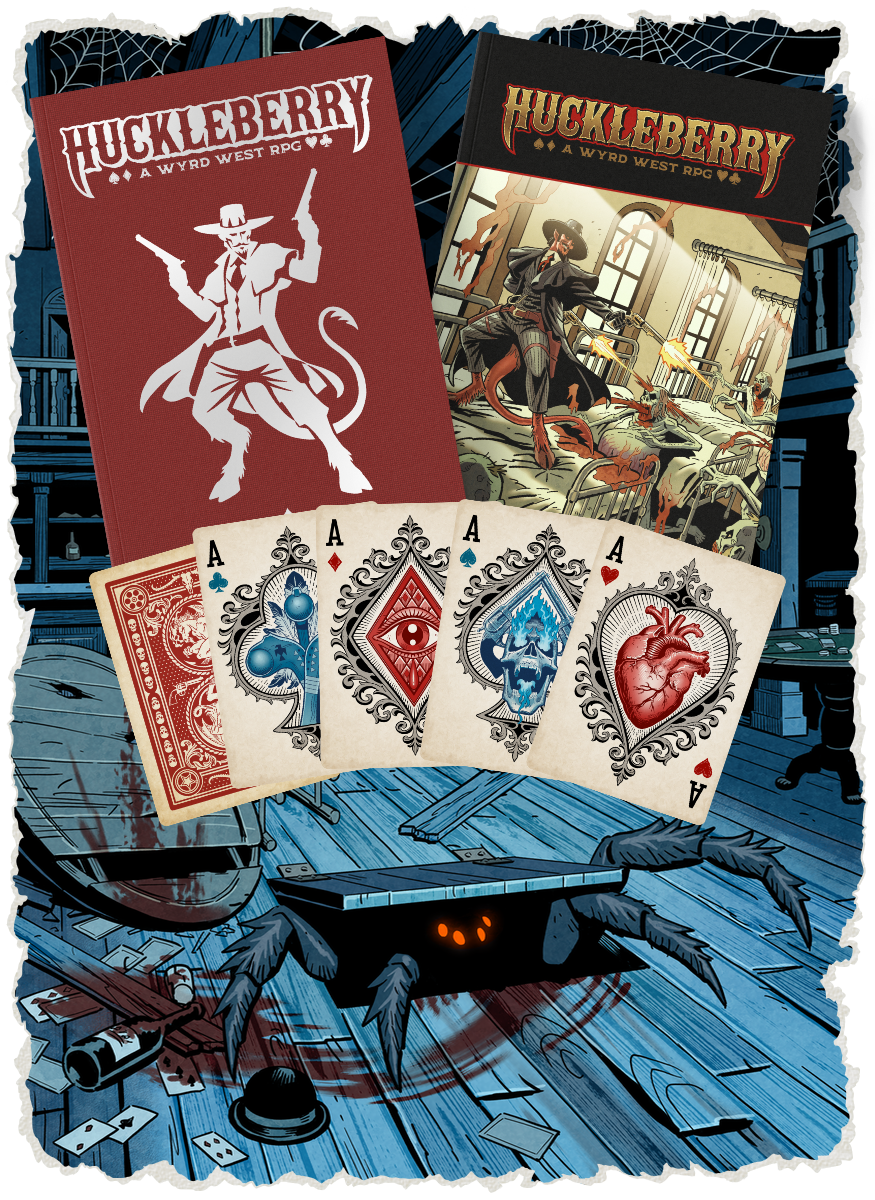 Mockups of Huckleberry's two books with the Aces from Huckleberry's playing cards are overlaid on an image of an abandoned saloon. At the bottom is a trap door with a gargantuan spider looking out from the shadows beneath, waiting to grab anyone who walks by.