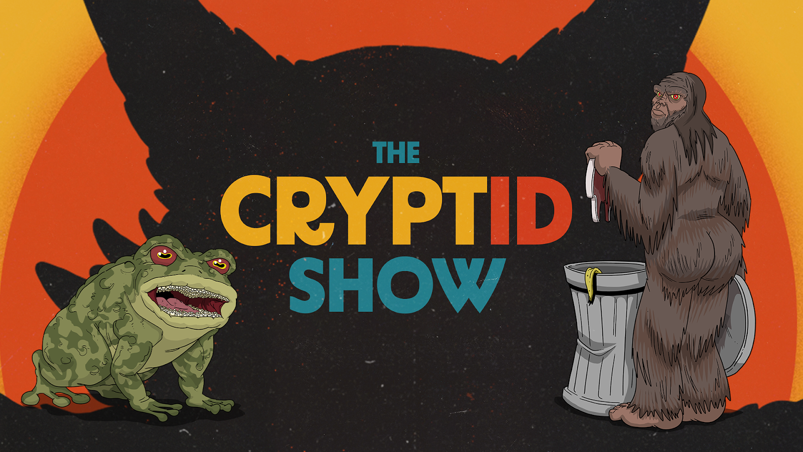 An image featuring the text "The Cryptid Show" over the silhouette of mothman. In the foreground is 50's cartoon-style art depicting bigfoot digging through a trash can and a giant toad with tiny human teeth.