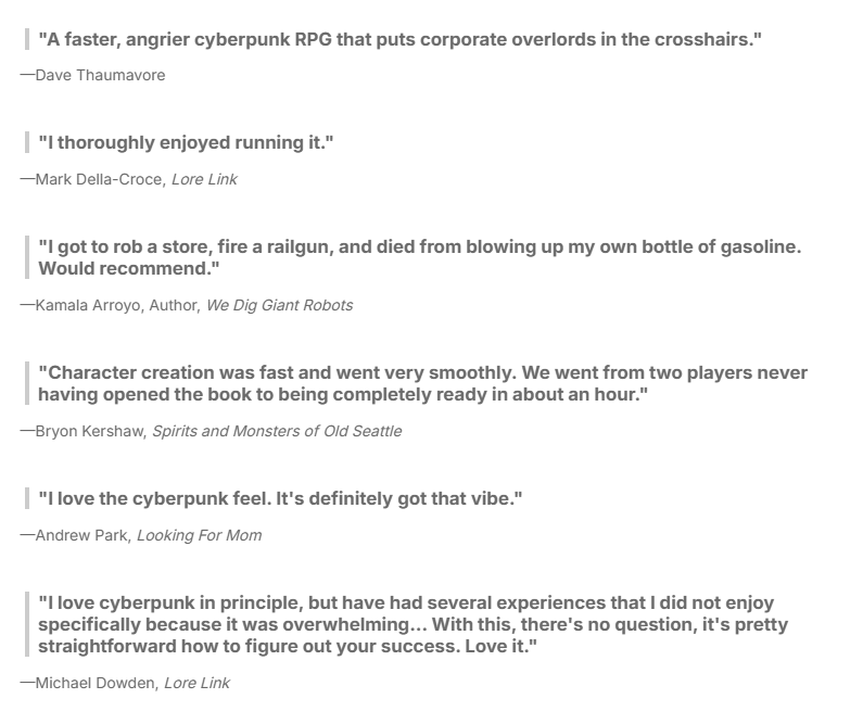Plainly formatted text from BackerKit with a series of positive quotes about the game. Too long for alt text, but you can read it on the BackerKit page.