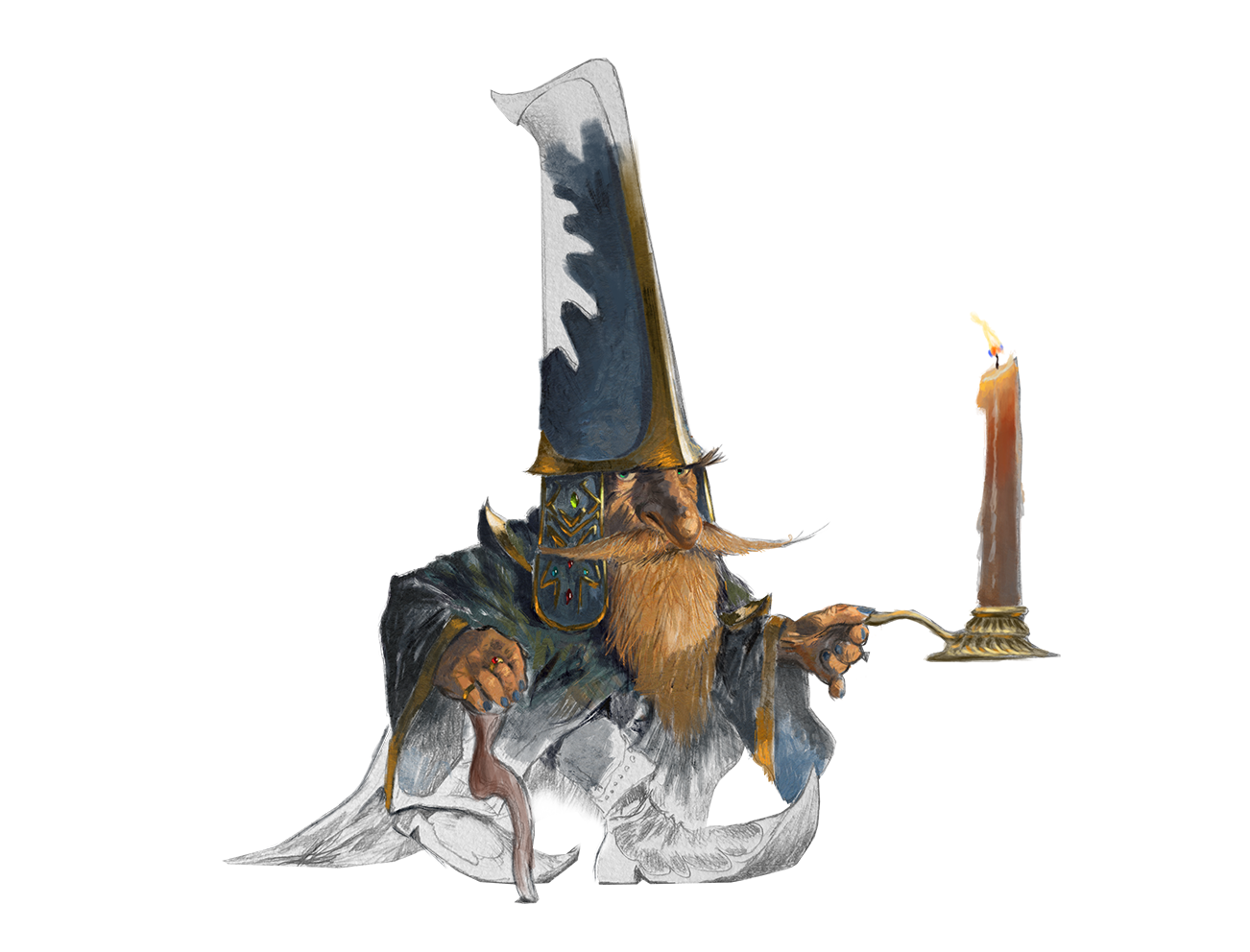 a drawing of a gnome in a wizardly outfit, holding a lit candle - the gnome is half colored, half sketched. The gnome has blue nails, pointy shoes and an art nouveau walking stick. 