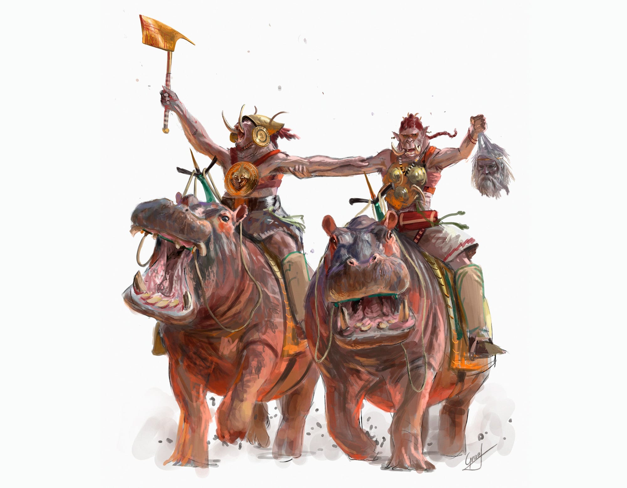 Two Carverine (orc-like humanoids), a male and a female, ride alongside eachother, on top of war hippos. They hold each other's arms. With the other hand, the female orc displays a freshly decapitated head - the enemy king. While the male lifts his axe up in prideful show. Both orcs have red hair and pinkish-gray skin, similar to the hippos they ride upon. The carverine have long, elephant like tusks, and wear minimal bronze armor.