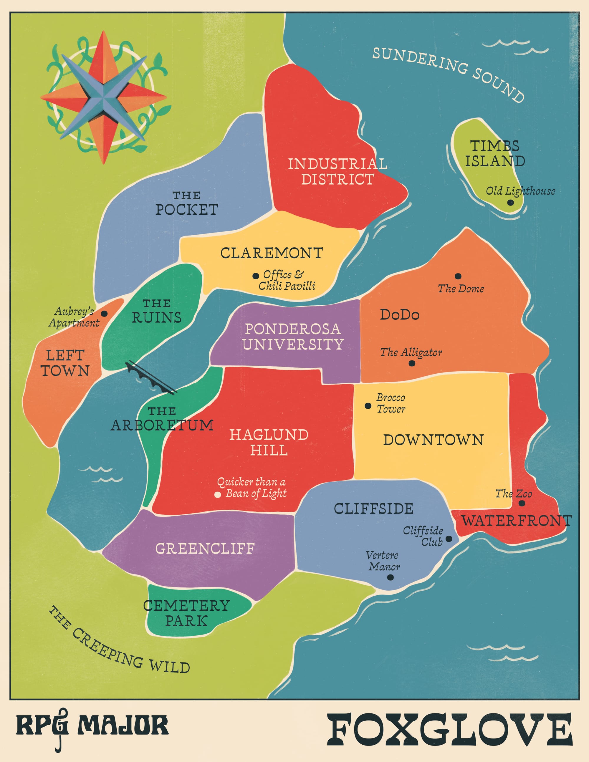 A hand drawn map of Foxglove, a city bordered on the east by water and the west by forest. A handful of plot-relevant locations are pinned on the map.